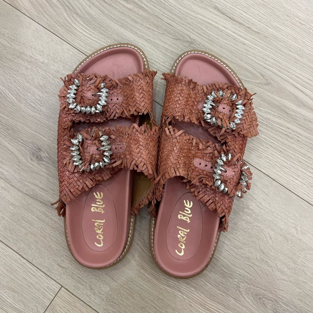 Coral blue mules pink rhinestones slipper sandal vacation shoe women’s leather